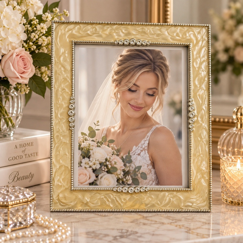 8x10 Picture Frame Pearl Gold Enamel Rhinestone Crystal Glam Hollywood Regency